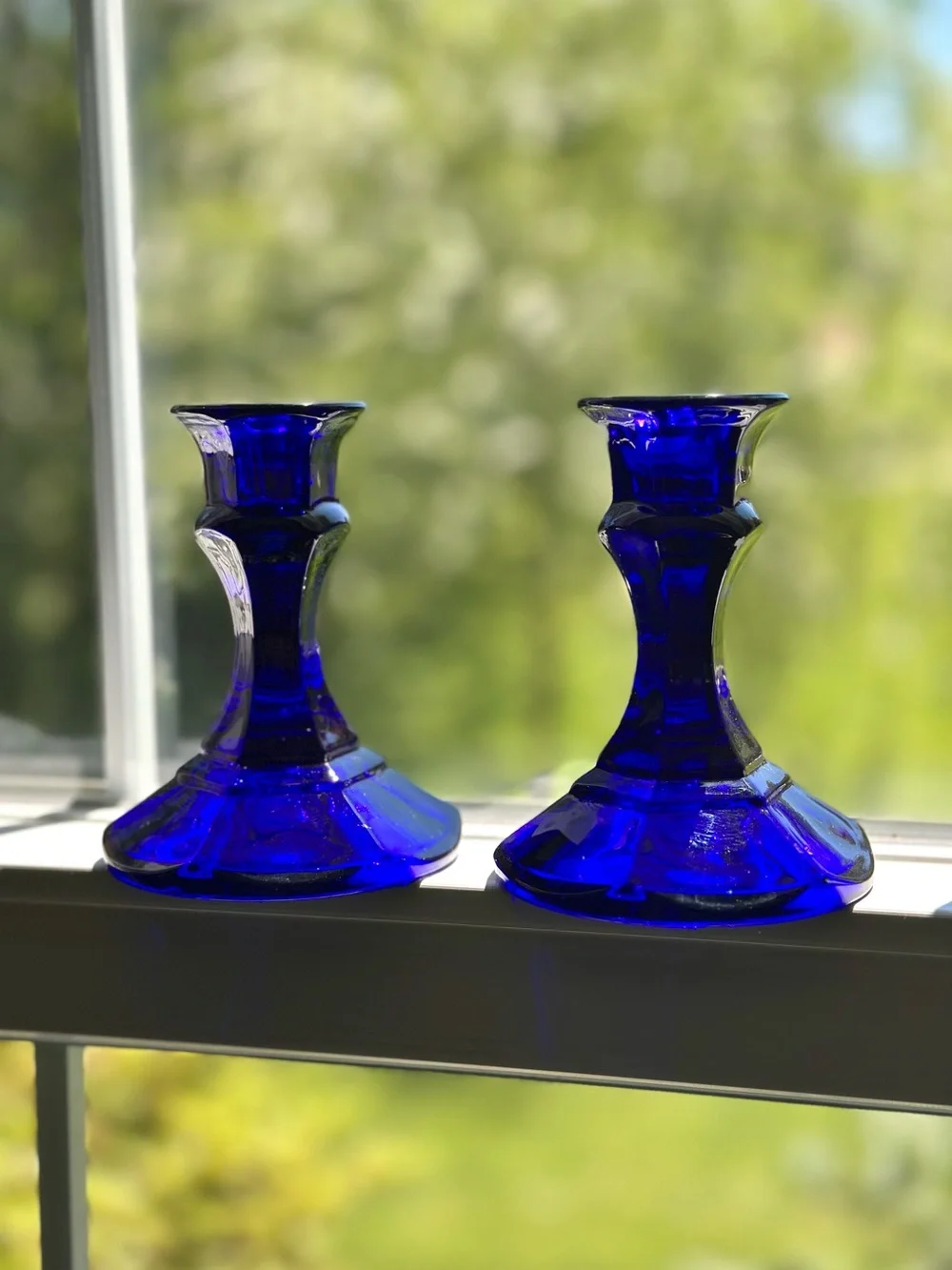 Vintage Cobalt Blue Glass Candlestick Pair